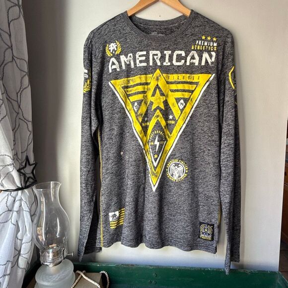 America fighter by Affliction mens burnout graphic t shirt size large gray yello - Picture 1 of 10
